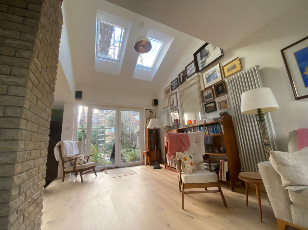Open-plan living room with exposed brick and vaulted ceiling, Rectory Park, Morp