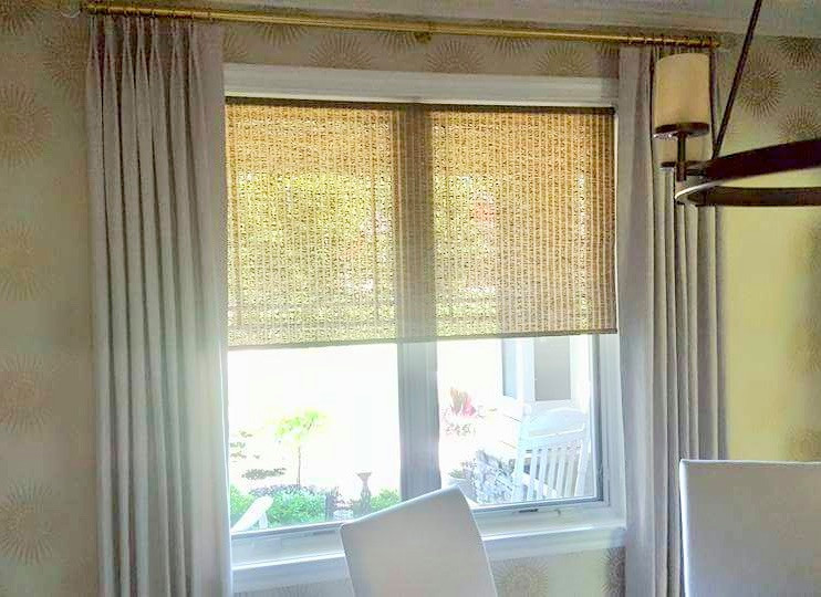 1.5 Width, Double French Pleated Drapery Panels with Inside Mounted Woven Wood S