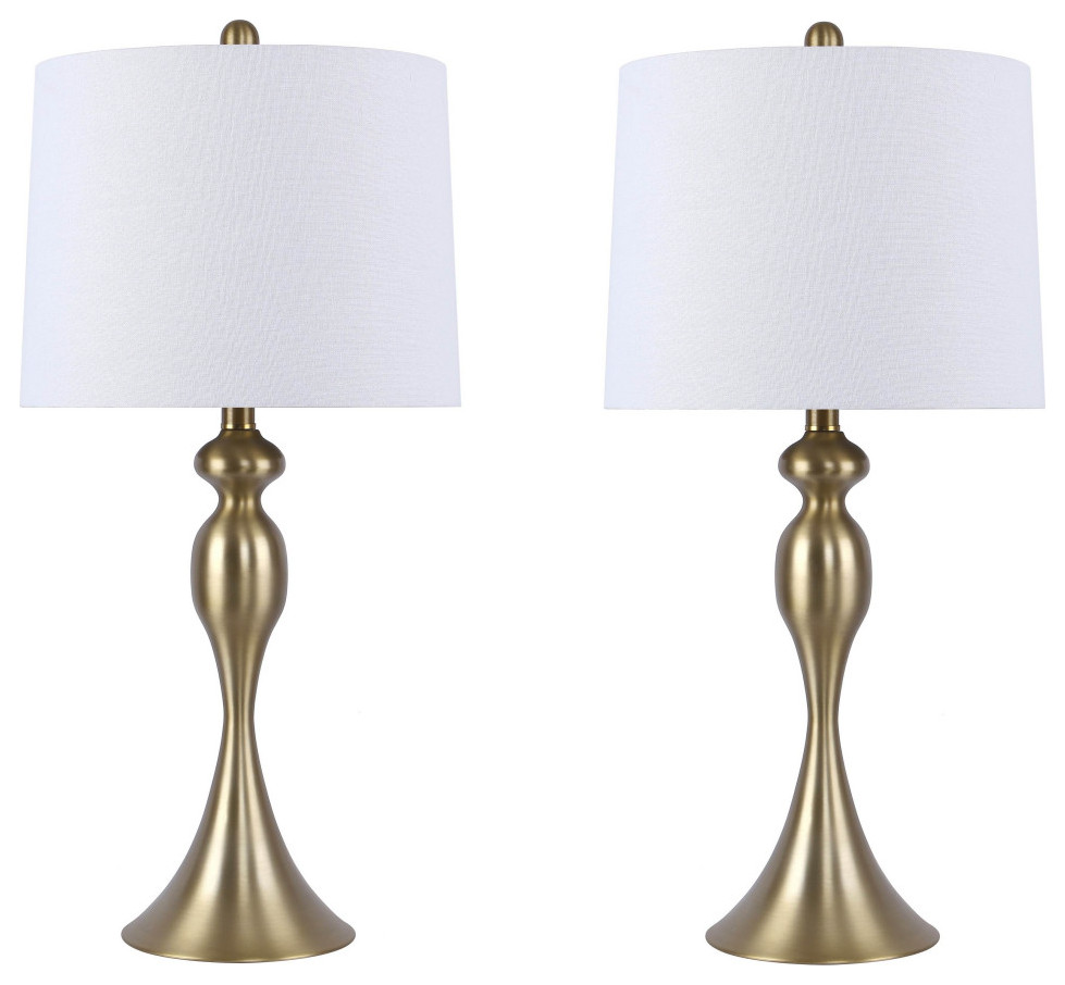 27" Plated Gold Curved Table Lamps With White Linen Shades, Set of 2