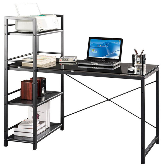 Techni Mobili Glass Desk with Built-in Shelves - Grey