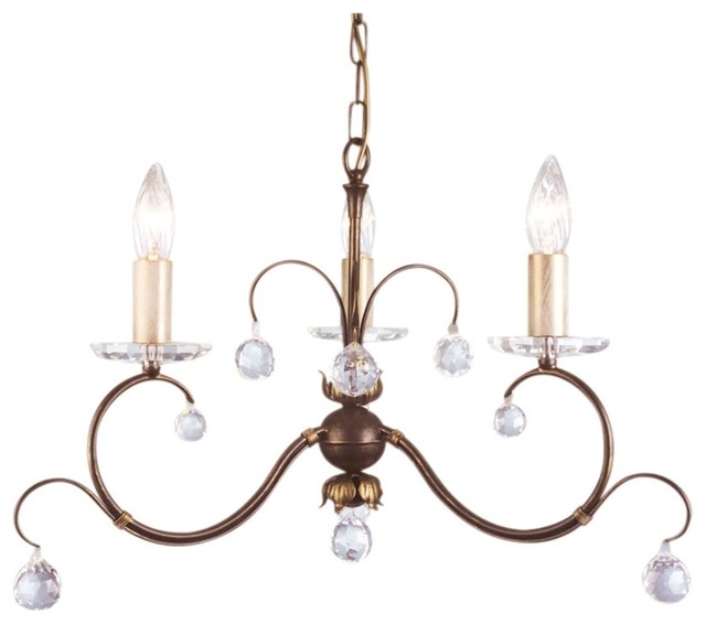 Traditional Bronze 3-Arm Chandelier, Cut Crystal Glass