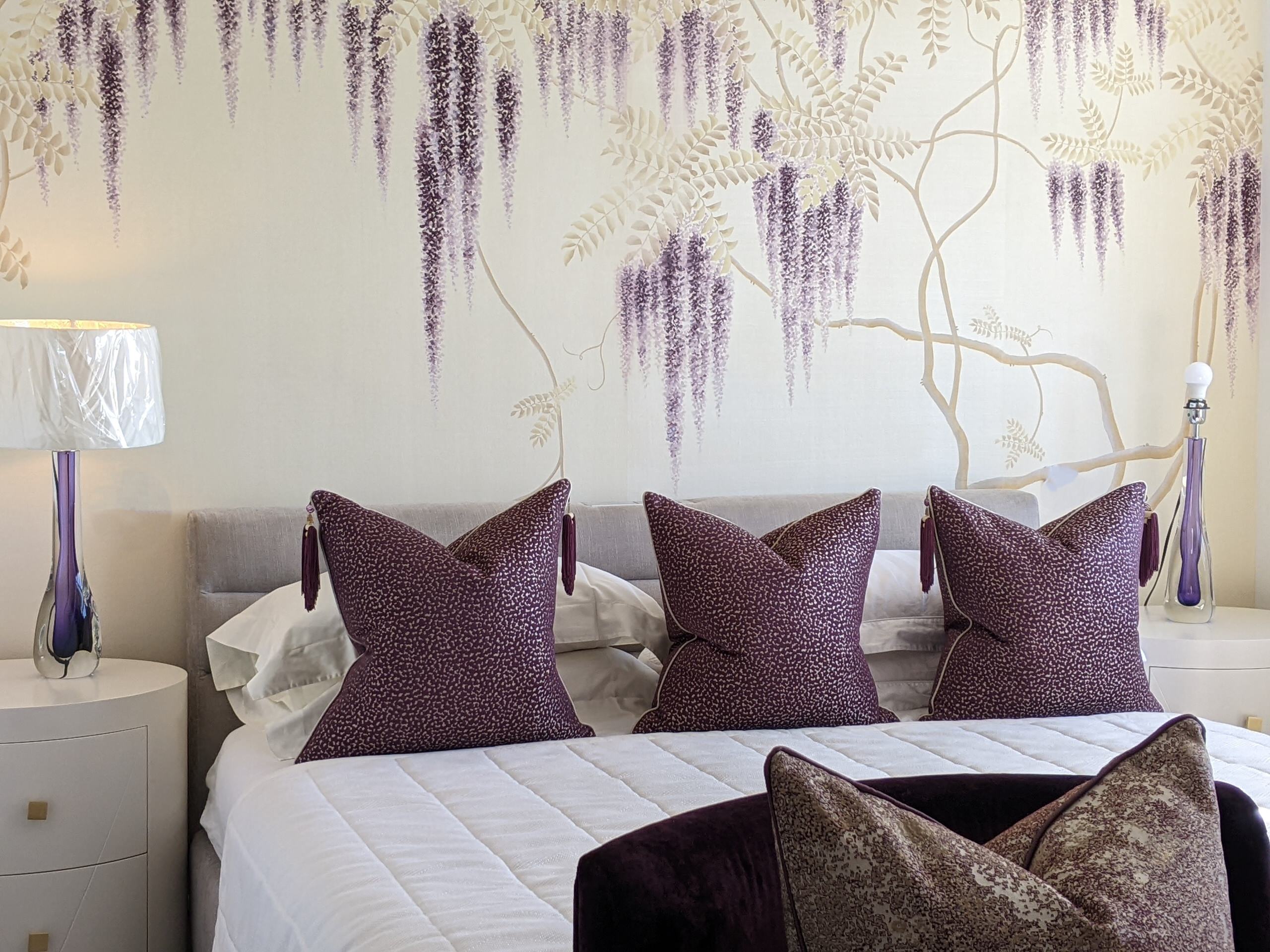 Custom majestic wisteria wallpaper inspired by Surrey Hills views, expertly curated and sourced from the home of silk hand-painted hand-embroided wallcoverings (China), bespoke bedside tables designed