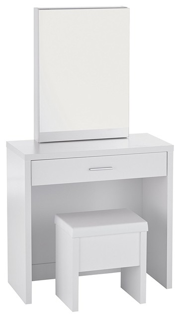 Contemporary Modern White Vanity And Upholstered Stool Set Mdf Particleboard