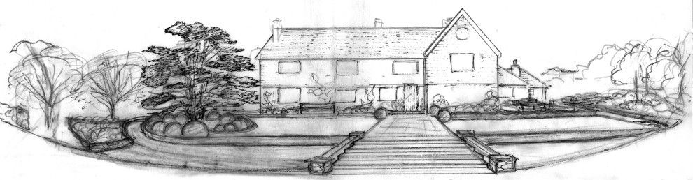 Elevation sketch showing landscaping at front of house