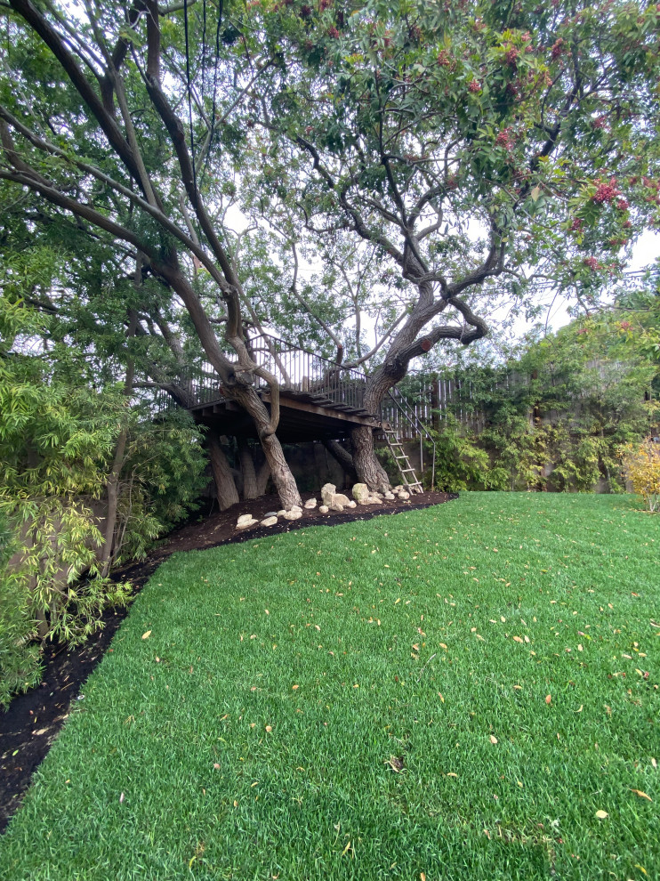 Idee per un ampio giardino tropicale esposto in pieno sole dietro casa in primavera con pavimentazioni in cemento e recinzione in legno