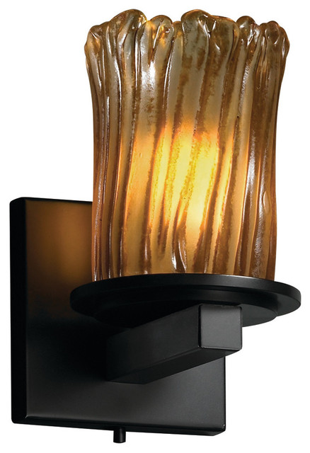 Veneto Luce Dakota Wall Sconce, Cylinder With Rippled Rim, Amber Glass