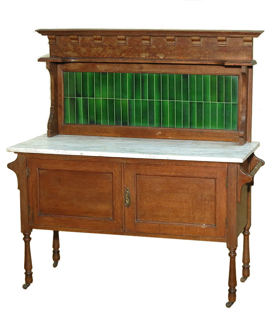 Consigned c1899 Antique English Solid Oak Marbletop Vanity Washstand With Tiles