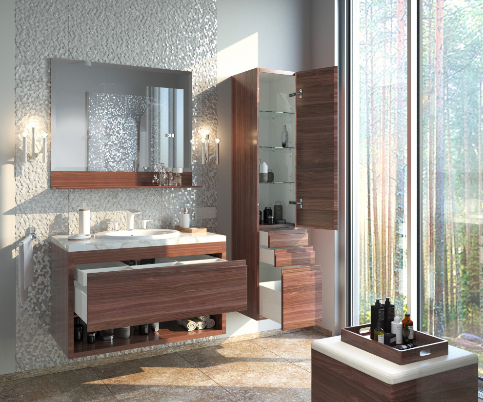 Inspiration för mellanstora moderna vitt en-suite badrum, med släta luckor, skåp i mellenmörkt trä, grå kakel och marmorbänkskiva