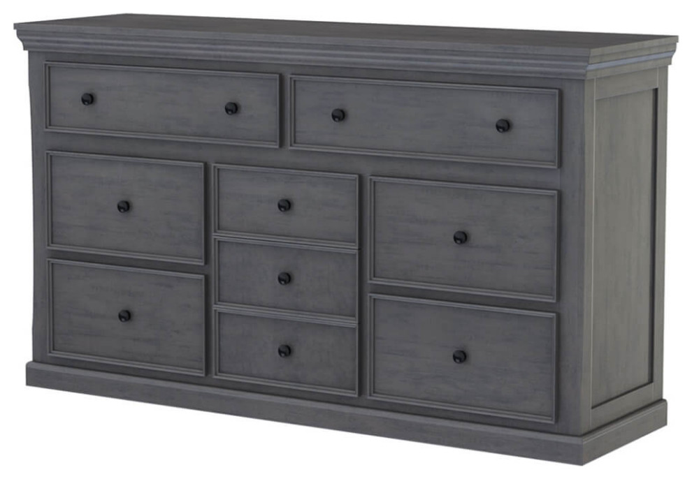 Kelowna Solid Mahogany Wood Gray Dresser with 9 Drawers Transitional