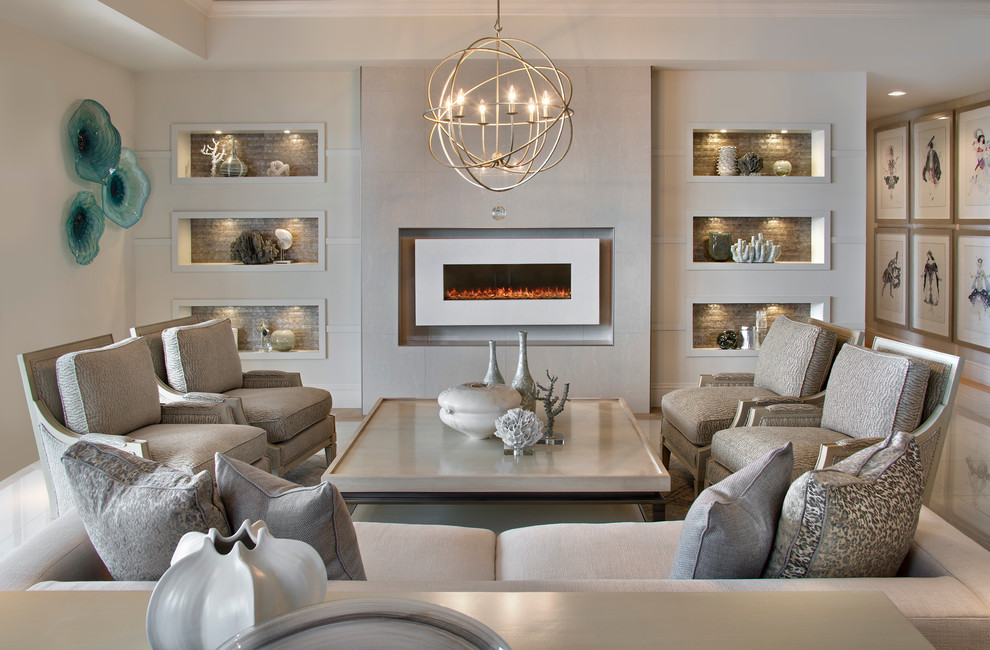 This is an example of a transitional formal living room in Miami with beige walls and a ribbon fireplace.