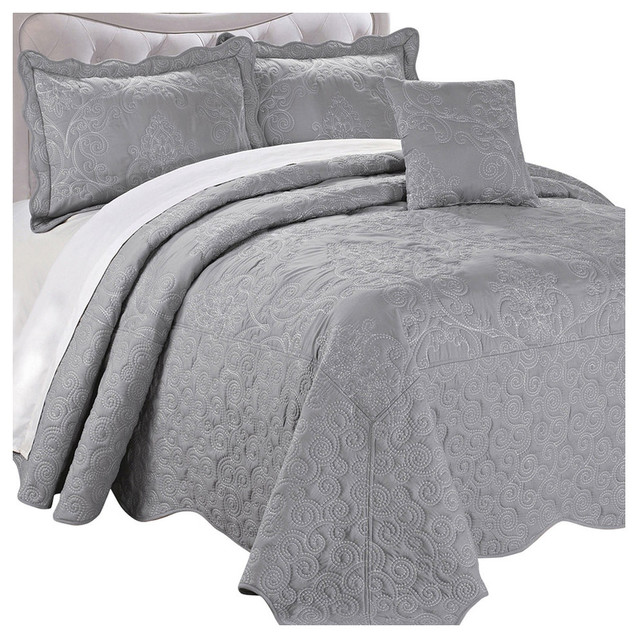 Damask Embroidered Quilted 4 Piece Bed Spread Sets Mediterranean