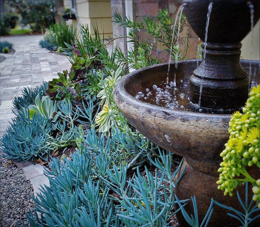 This is an example of a beach style front yard xeriscape in Orange County with a water feature.