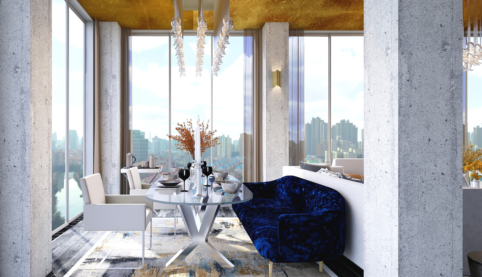 Большая гостиная с золотым потолком