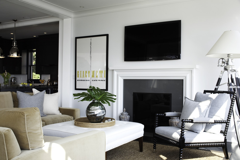 Design ideas for a transitional living room in Boston with a standard fireplace and a wall-mounted tv.