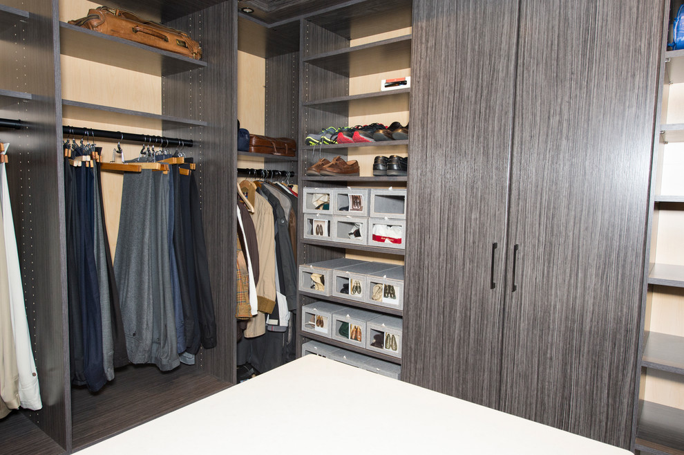 Inspiration for an expansive contemporary storage and wardrobe in Little Rock with flat-panel cabinets, grey cabinets and porcelain floors.