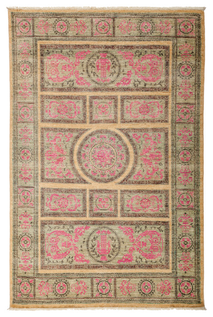 Contemporary One-of-a-Kind Patterned & Floral Handmade Area Rug, Cerise, 5'x8'