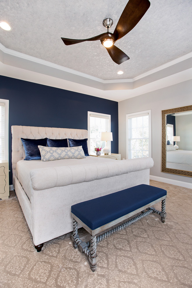 This is an example of a transitional master bedroom in DC Metro with blue walls.