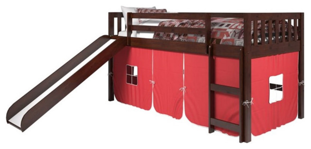 Donco Kids Twin Solid Wood Mission Low Loft Bed with Red Tent in Cappuccino