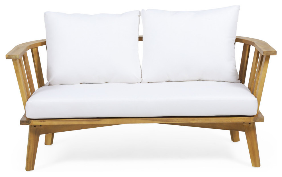 Zechariah Outdoor Wooden Loveseat With Cushions Transitional