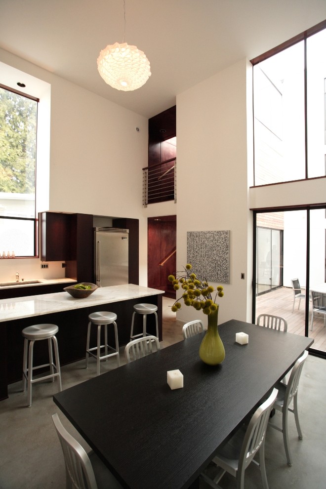 Design ideas for a modern single-wall kitchen in Seattle with stainless steel appliances.
