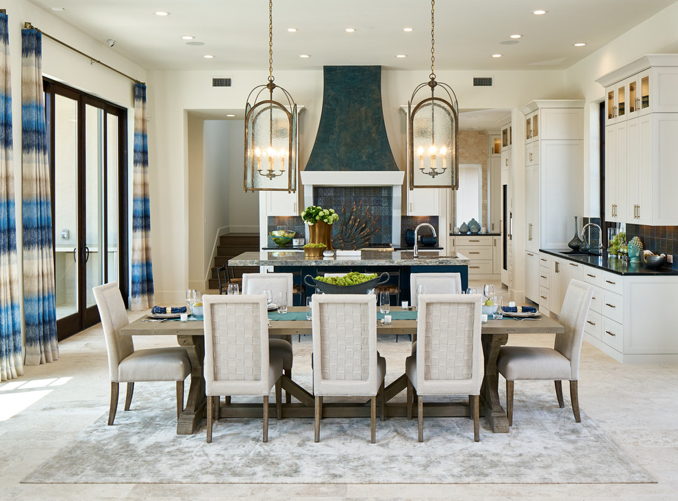 Example of a large transitional beige floor kitchen/dining room combo design with white walls
