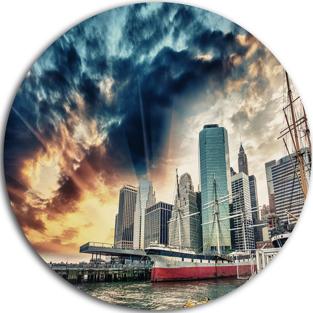 Sunset Colors of Manhattan, Cityscape Photo Round Metal Wall Art