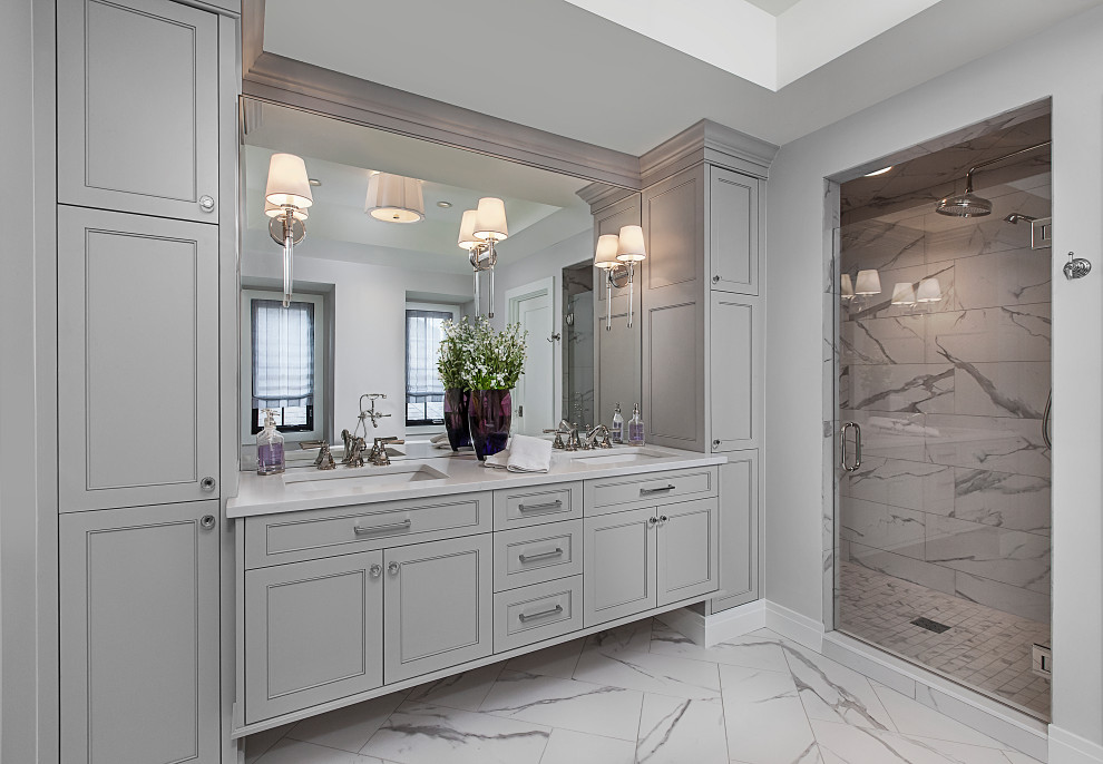 Design ideas for a large transitional master bathroom in Detroit with gray tile.