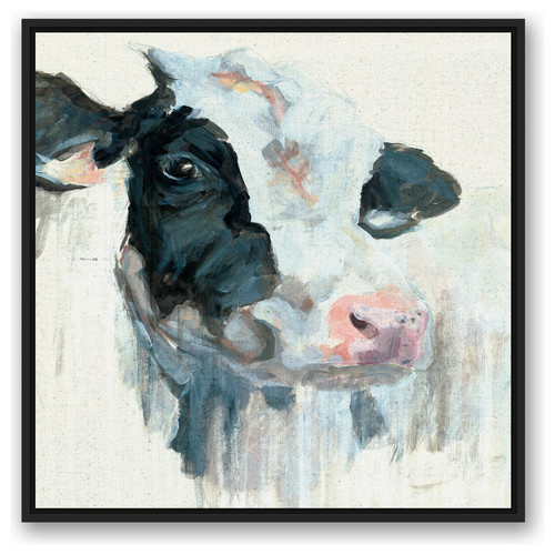 Curious Painted Dairy Cow 30x30 Black Floating Framed Canvas