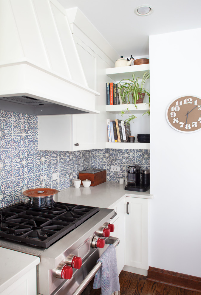 Example of a transitional dark wood floor and brown floor kitchen design in Chicago with shaker cabinets, white cabinets, quartzite countertops, multicolored backsplash, stone tile backsplash, stainless steel appliances, an island and white countertops
