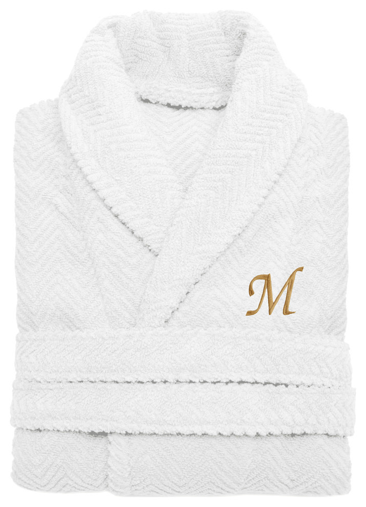 Herringbone Weave White Bathrobe, Large/XLarge, Gray Letters, A, Small
