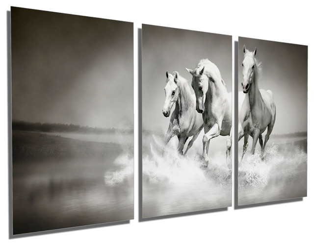 Triptych Wall Art running white horses, metal print wall art, 3 panel split Triptych Wall Art running white horses, metal print wall art, 3 panel split
