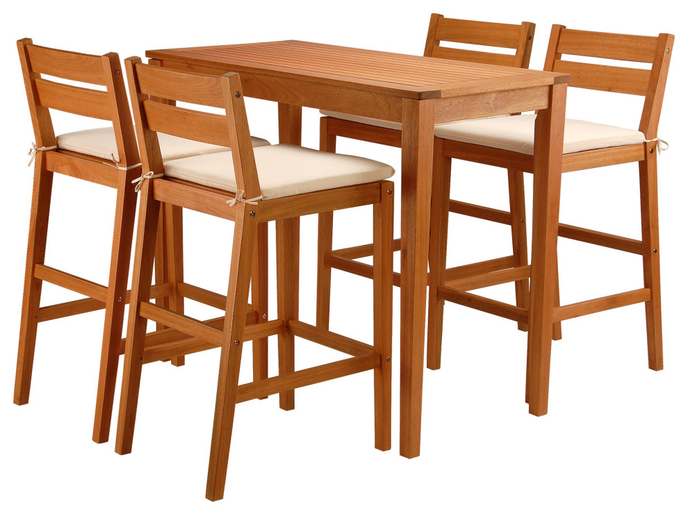 5Piece Eucalyptus Grandis Wood Bar Table Set, Beige Transitional