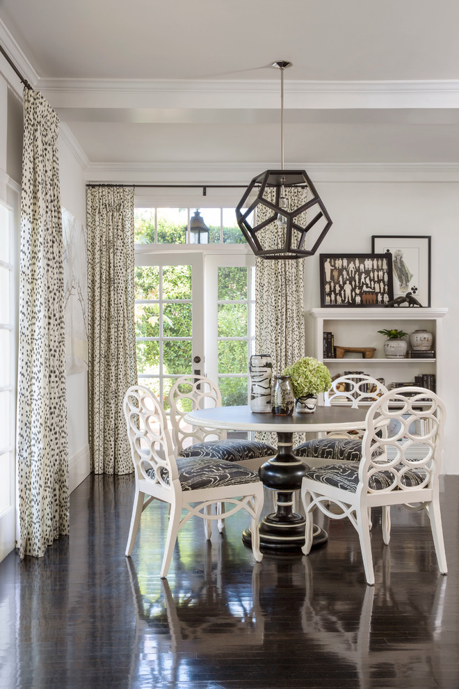 Example of a transitional open concept dark wood floor dining room design in Los Angeles with white walls