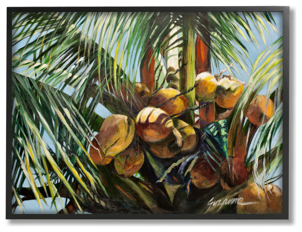 Tropical Palm Coconuts Green Yellow Painting, 24"x30", Black Frame