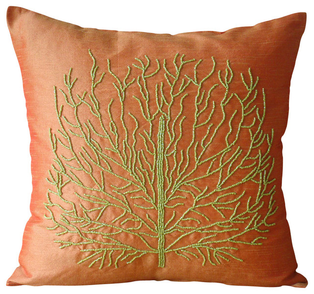 Orange Beaded Green Tree Silk Pillowcase Money Tree