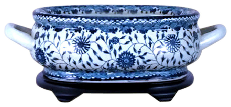 Blue and White Landscape Porcelain Footbath with Base 