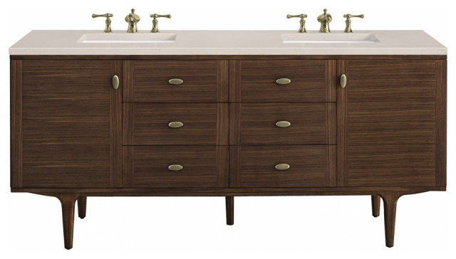72" Modern Mid-Century Walnut Double Sink Bathroom Vanity, James Martin ...