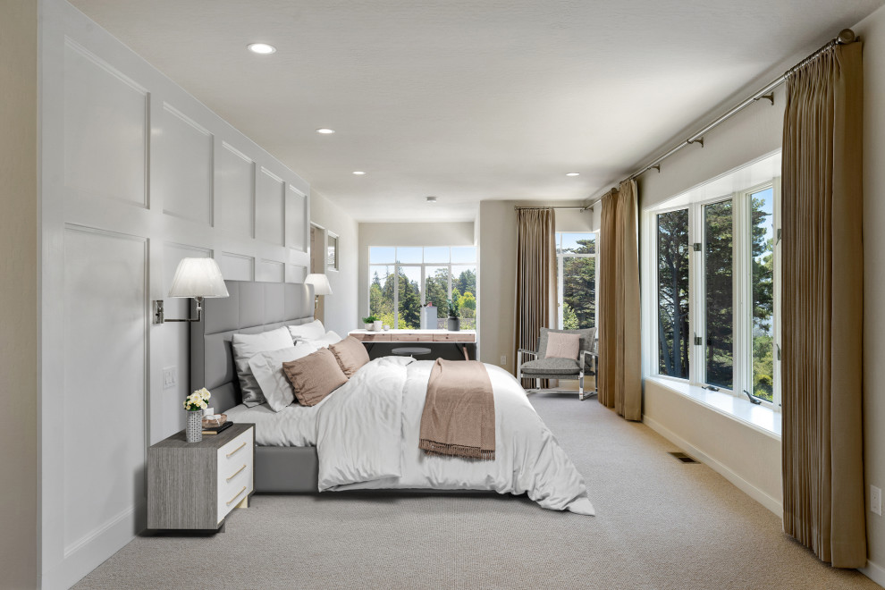 Идея дизайна: хозяйская спальня среднего размера в стиле модернизм с бежевыми стенами, ковровым покрытием, стандартным камином, фасадом камина из кирпича и серым полом