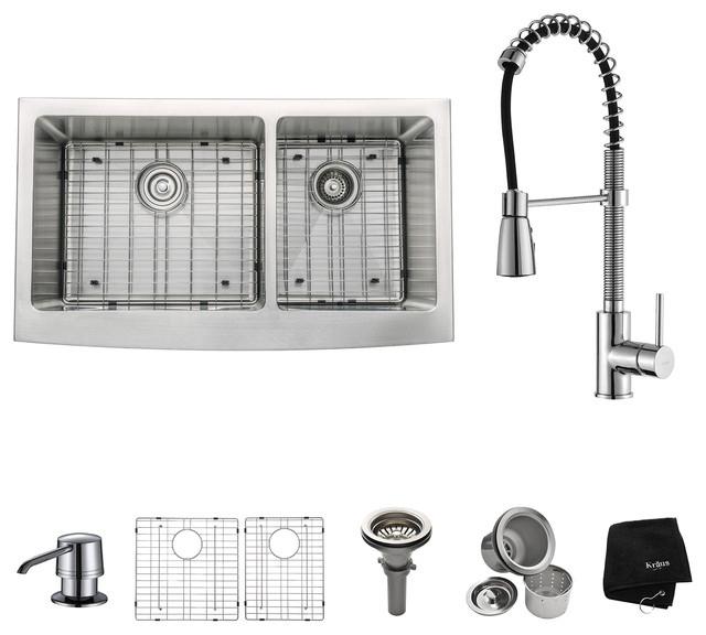 Farmhouse Double Stainless Steel Sink, Faucet and Soap Dispenser, Chrome, 33"