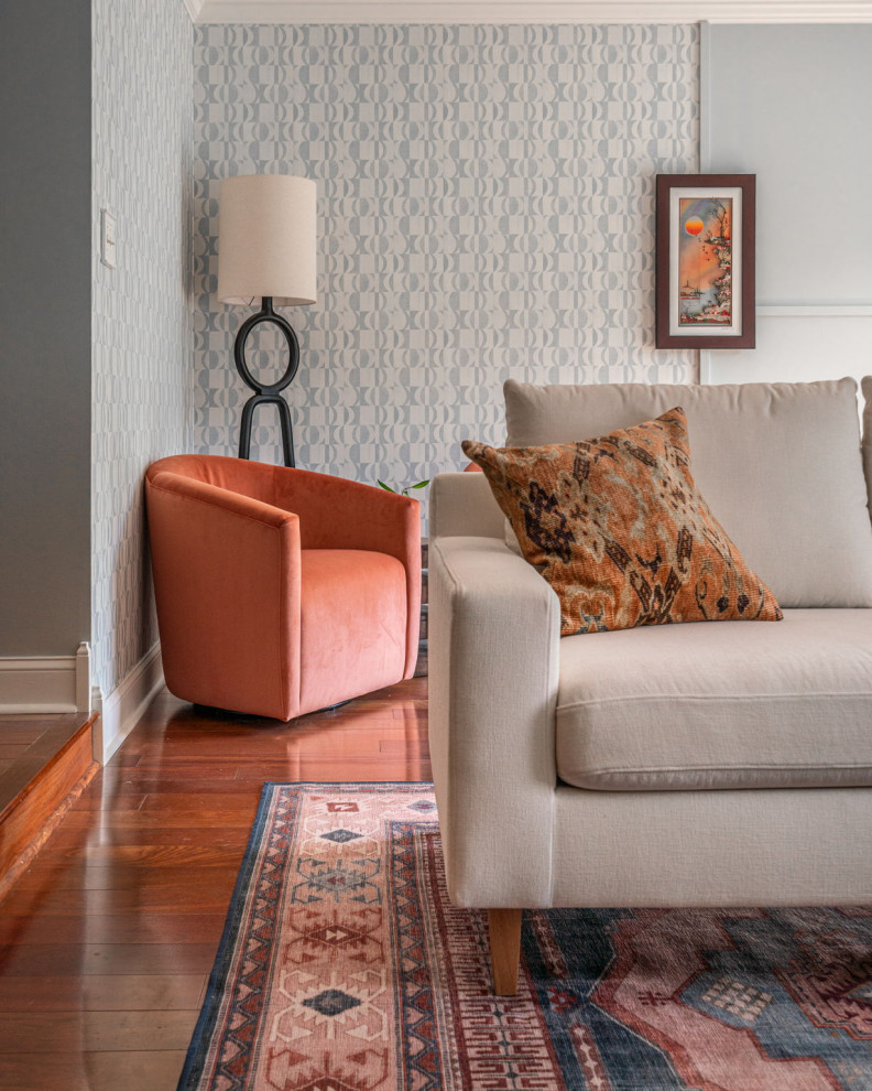 Boho Bachelor Daddy Pad - Bryn Mawr - A boho home perfect for the single father of two girls. It's filled with vibrancy, pops of pink in every room. You wouldn't guess that it was a bachelor pad! Wallpapers galore, mixed wood tones throughout, eclectic vibes.