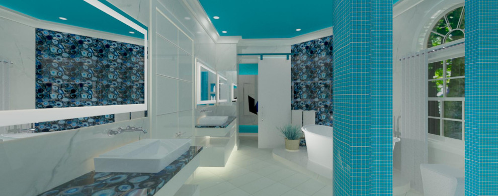 Inspiration for a large contemporary master bathroom in DC Metro with flat-panel cabinets, white cabinets, a freestanding tub, a corner shower, a wall-mount toilet, white tile, stone slab, porcelain floors, a vessel sink, quartzite benchtops, white floor, a hinged shower door, blue benchtops, an enclosed toilet, a double vanity and a floating vanity.