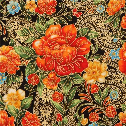 black flower fabric with gold Robert Kaufman orange