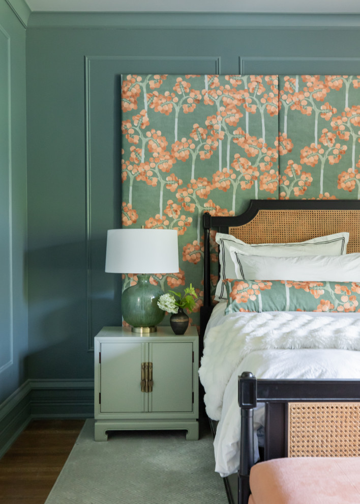 Inspiration for a transitional medium tone wood floor, brown floor and wall paneling bedroom remodel in Chicago with blue walls