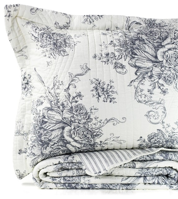 Toile Cotton Reversible Gray Quilt Set Contemporary Quilts And