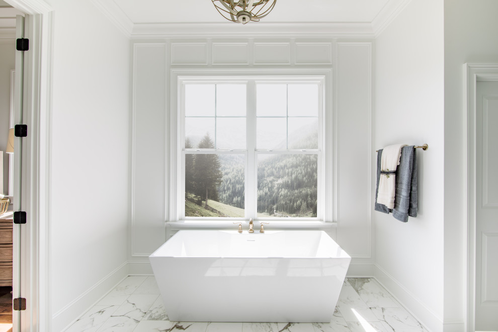 Transitional bathroom in Other with shaker cabinets, black cabinets, a freestanding tub, a curbless shower, marble, white walls, engineered quartz benchtops, a hinged shower door, white benchtops, a niche, a double vanity and a built-in vanity.