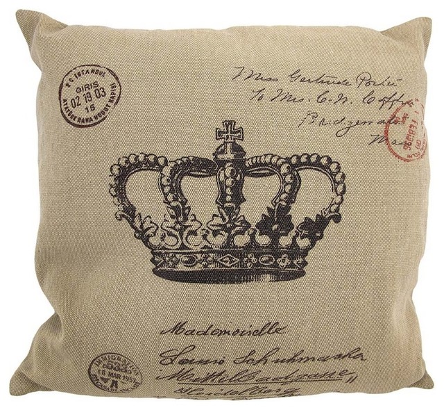 Tan / Brown Canvas French Postcard Crown Print Throw Pillow 16 Inch