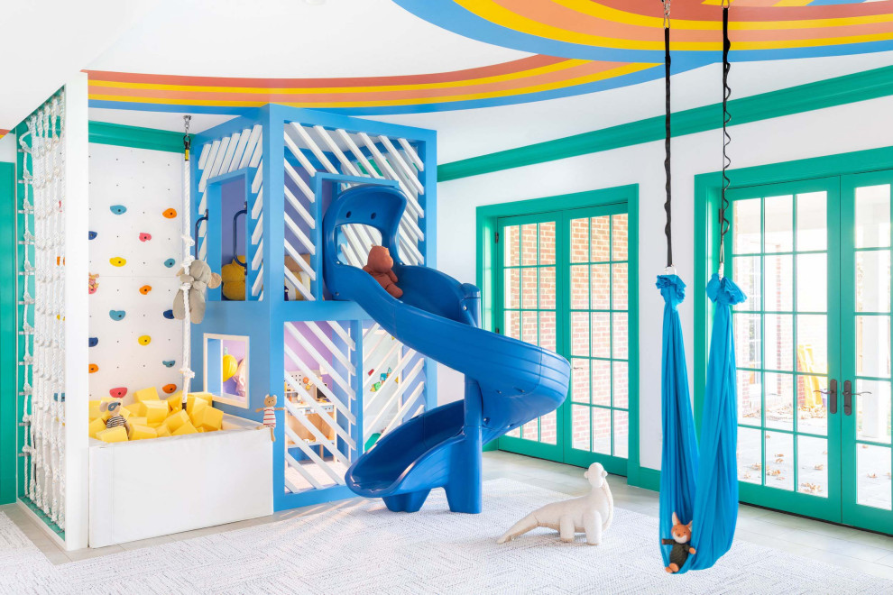 Arlington, VA Playroom - Trendy gender-neutral wallpaper ceiling playroom photo in Boston with white walls
