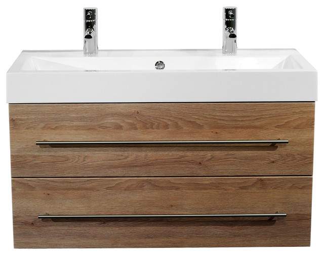 Emotion Sunrise Wall-Mounted Bathroom Vanity Unit, 100 cm, Light Oak Semi-Gloss