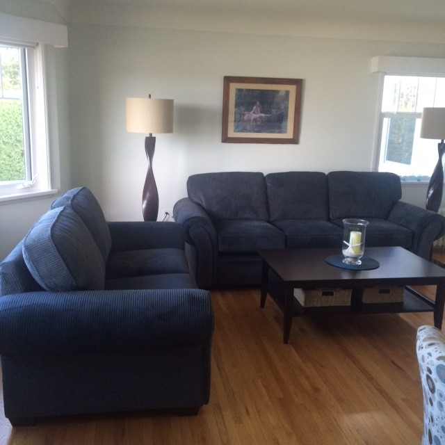 Bring together grey/blue sofa and accent chairs