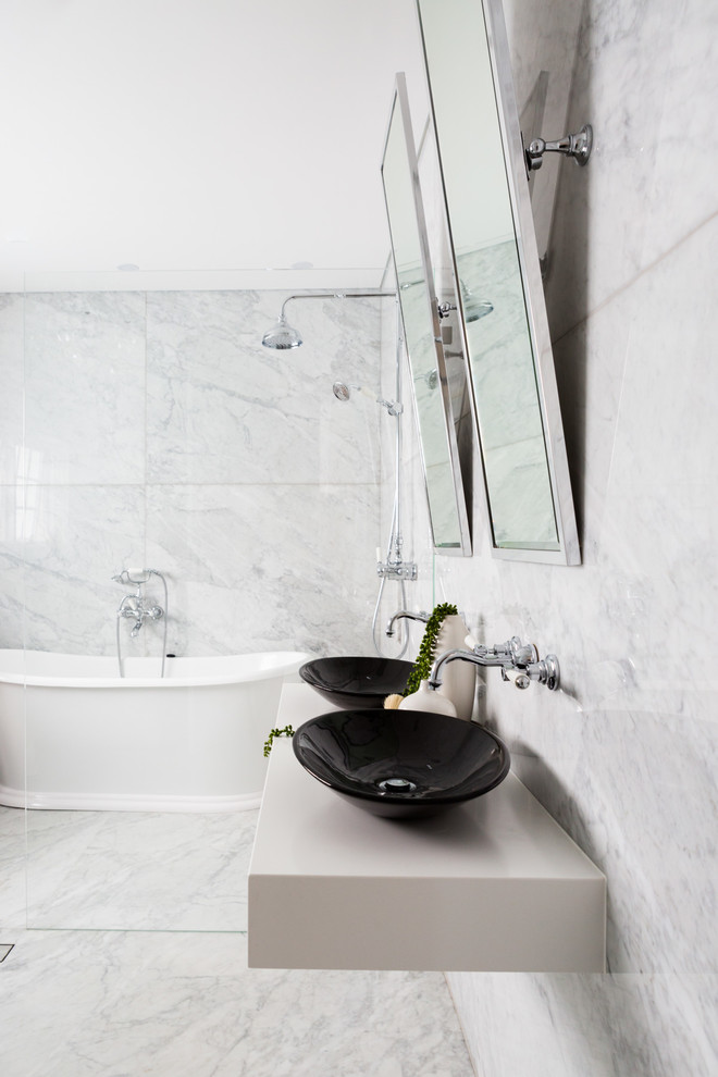 Inspiration for a mid-sized traditional master bathroom in Sydney with a freestanding tub, a shower/bathtub combo, marble, marble floors, a vessel sink and marble benchtops.